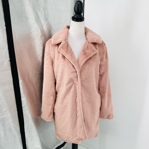Pink Faux Fur Long Sleeve Lapel Collar Loose Fit Oversized Coat - Picture 9 of 17